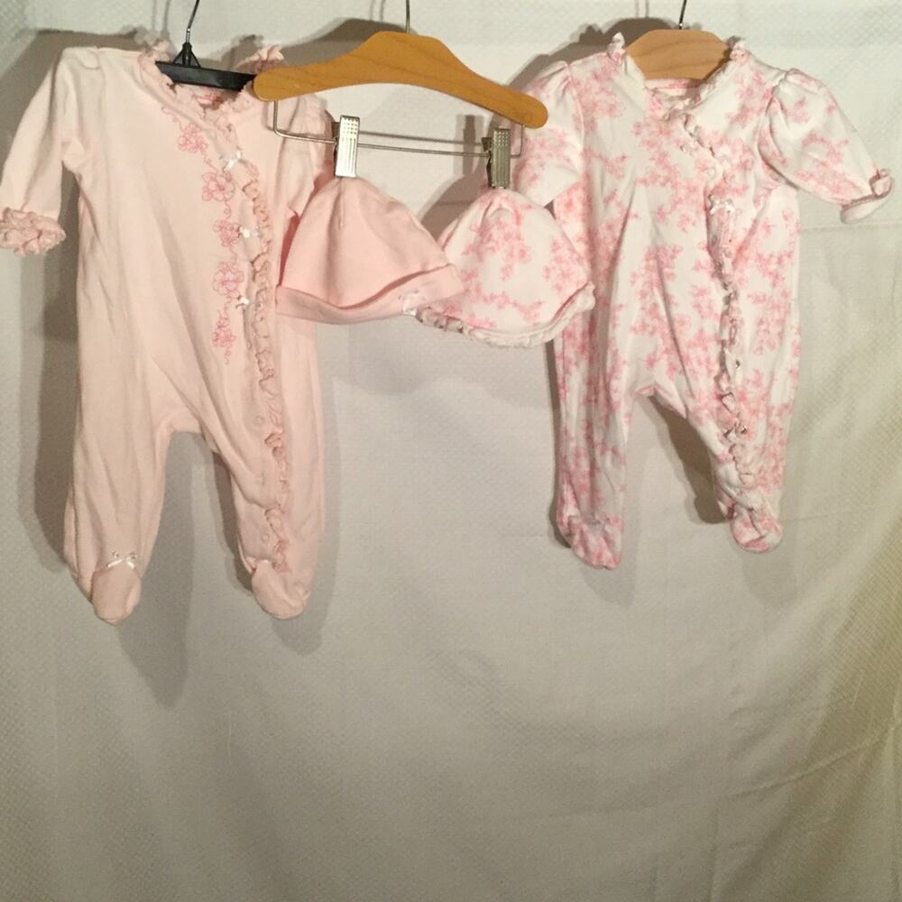 Little Me 3m 2 pink/floral onesies footed matching hats euc